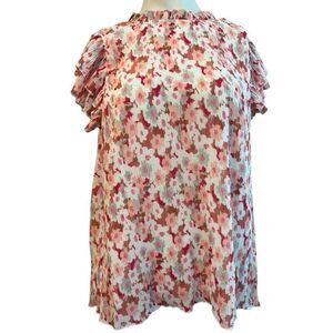 Easel Ladies Small Pink Short Sleeve Blouse Pleated Ruffles Floral Split Back NW